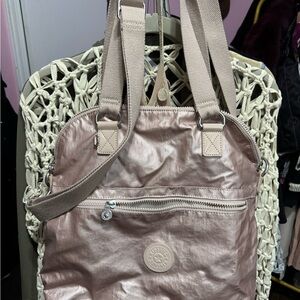 Kipling Metallic Rose Pink Backpack Tote with Crossbody Strap